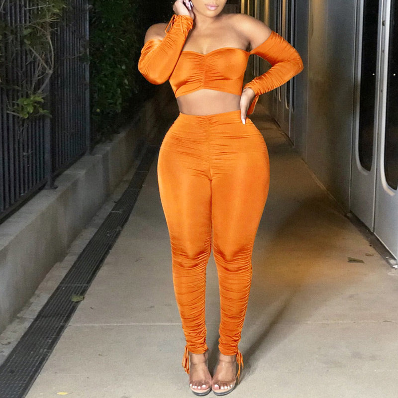 Solid Pleats Off Shoulder Long Sleeve Top & High Waist Pants Set