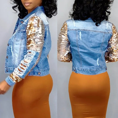 Cut Out Sequins Long Sleeve Denim Coat