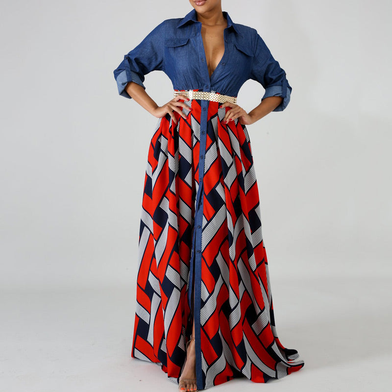 V-neck Print Stitch Denim Long-Sleeve Dress