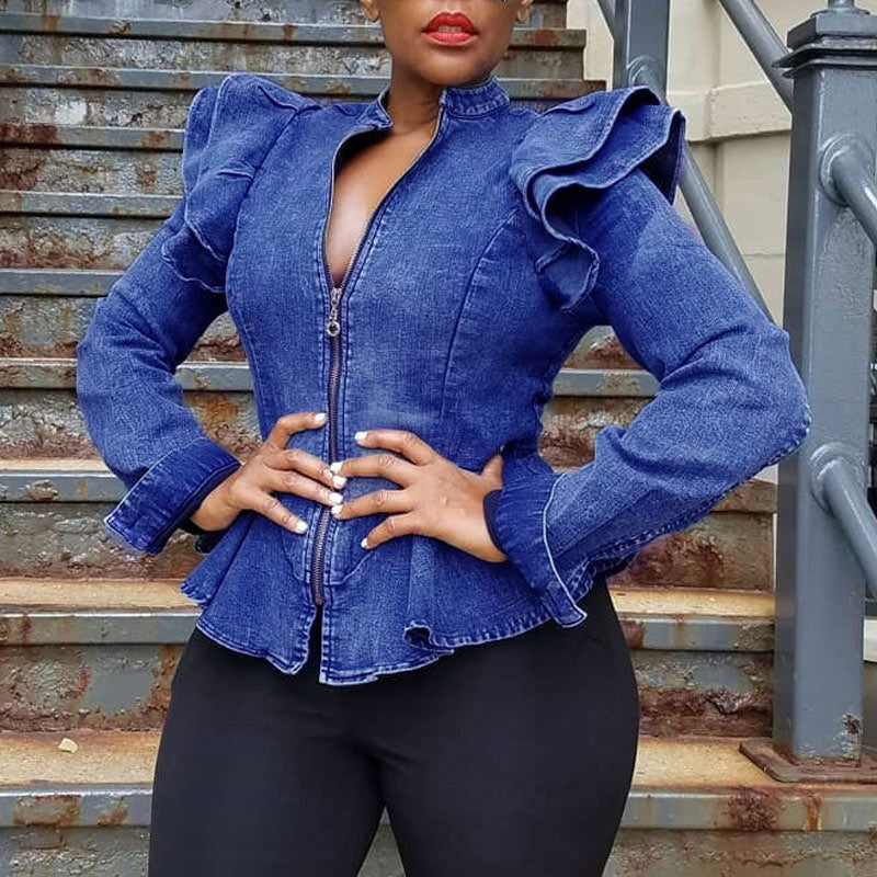 Denim Ruffles Zipper Design Long Sleeve Coat
