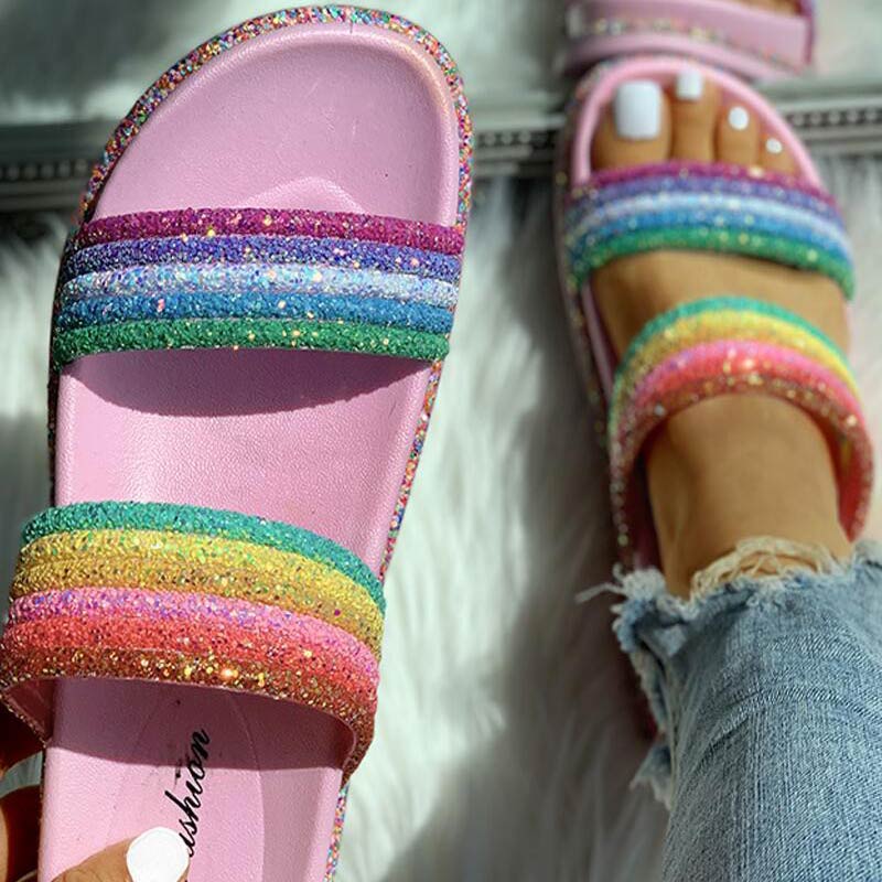 Rainbow Striped Open Toe Flat Slipper - Cherrybetty