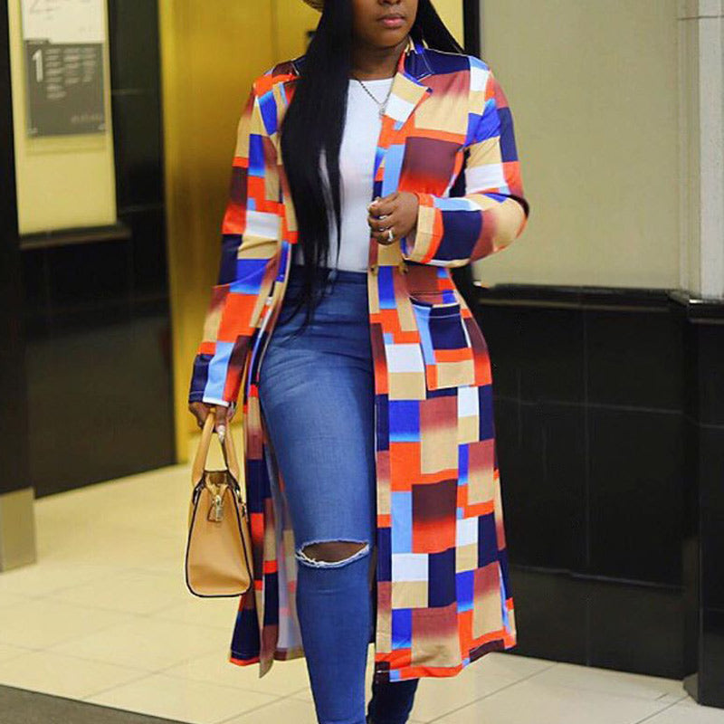 Fashion Colorblock Breasted Long Trench Coat