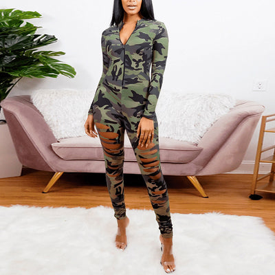 Camouflage Print Long Sleeve Cutout Plus Size Jumpsuit