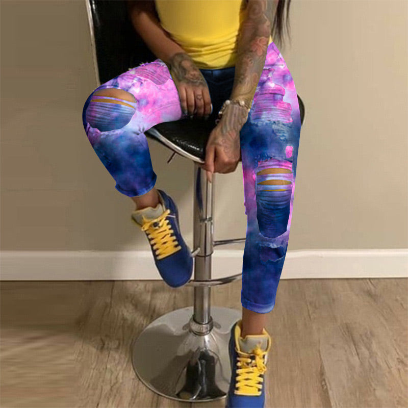 Colorful Print Cutout Skinny Jeans