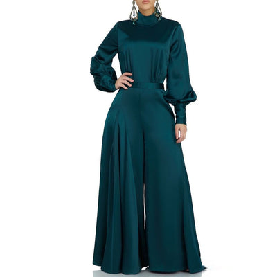 Solid Long Puff Sleeve Wide Leg Jumpsuit