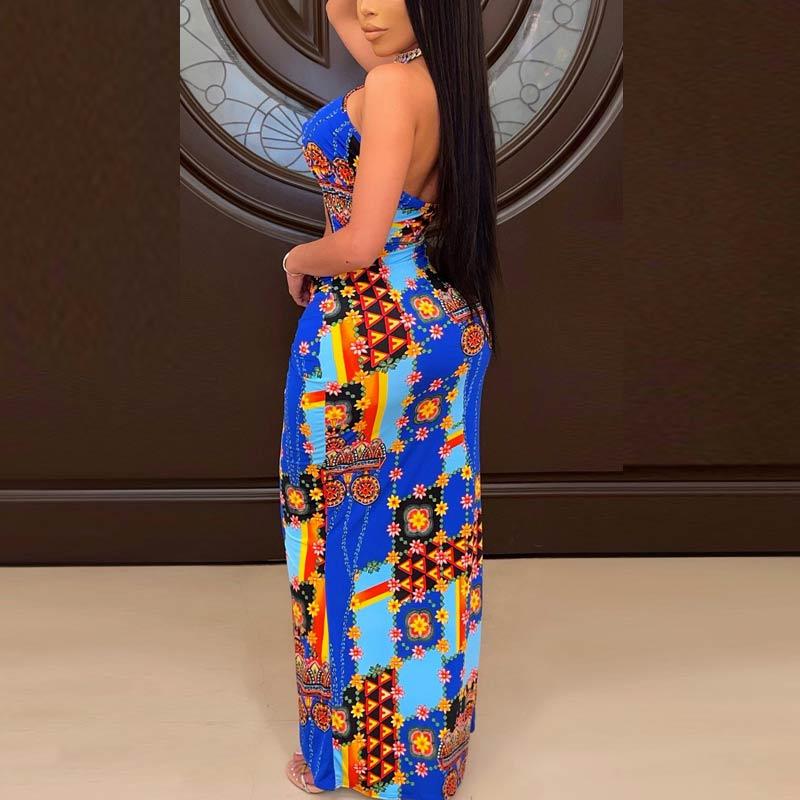 Floral Print Halter Neck Sexy High Split Dress