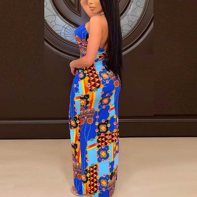 Floral Print Halter Neck Sexy High Split Dress