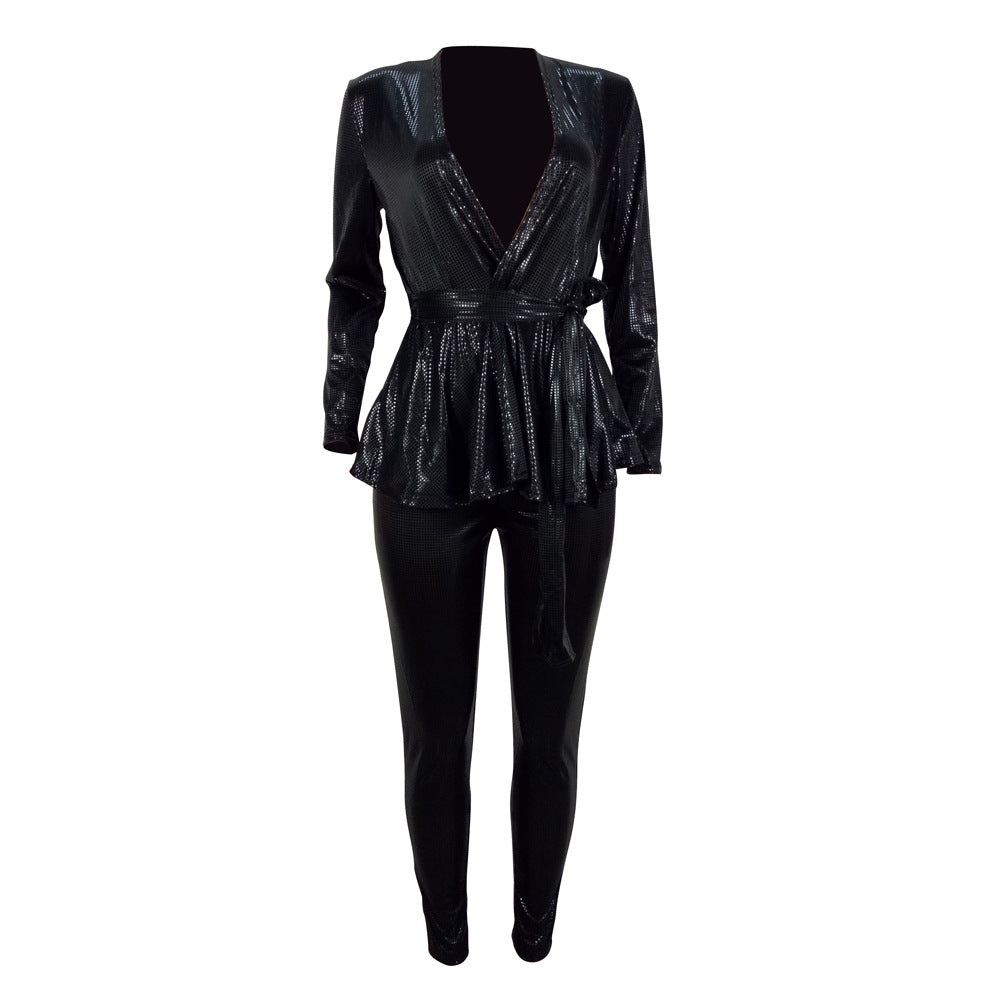 Solid Deep V-Neck Long Sleeve Two Piece Set With Belt