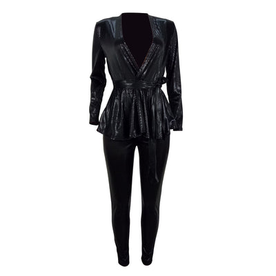 Solid Deep V-Neck Long Sleeve Two Piece Set With Belt