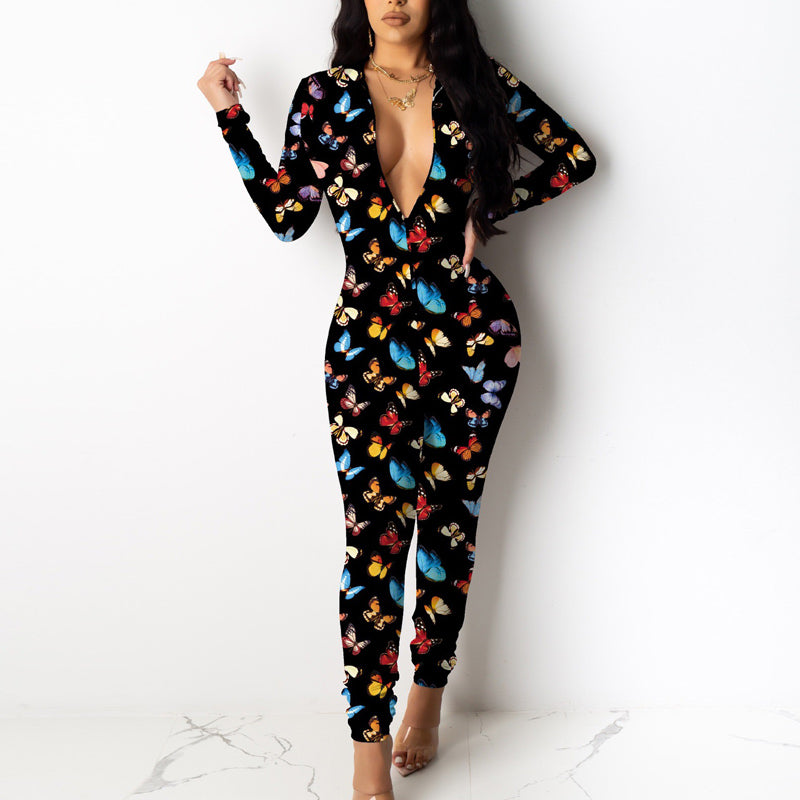 Butterfly Print Deep V-Neck Jumpsuit