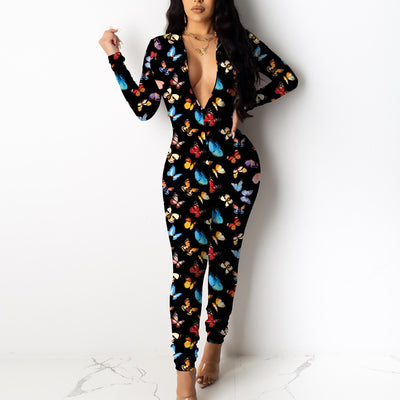 Butterfly Print Deep V-Neck Jumpsuit