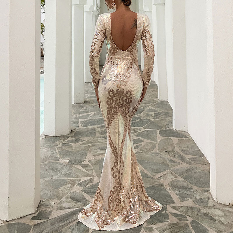 Sequins Round Neck Long Sleeve Floor-Length Dress