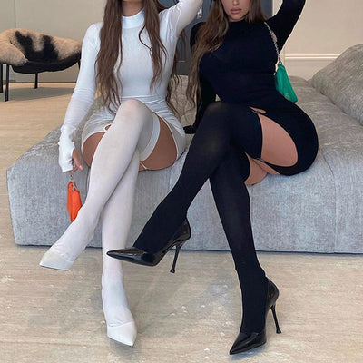 Solid Long Sleeve Bodycon Dress & Stocking Set