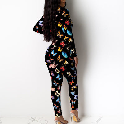 Butterfly Print Deep V-Neck Jumpsuit
