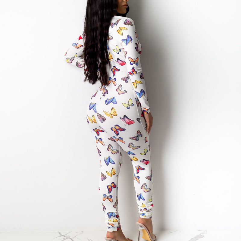 Butterfly Print Deep V-Neck Jumpsuit