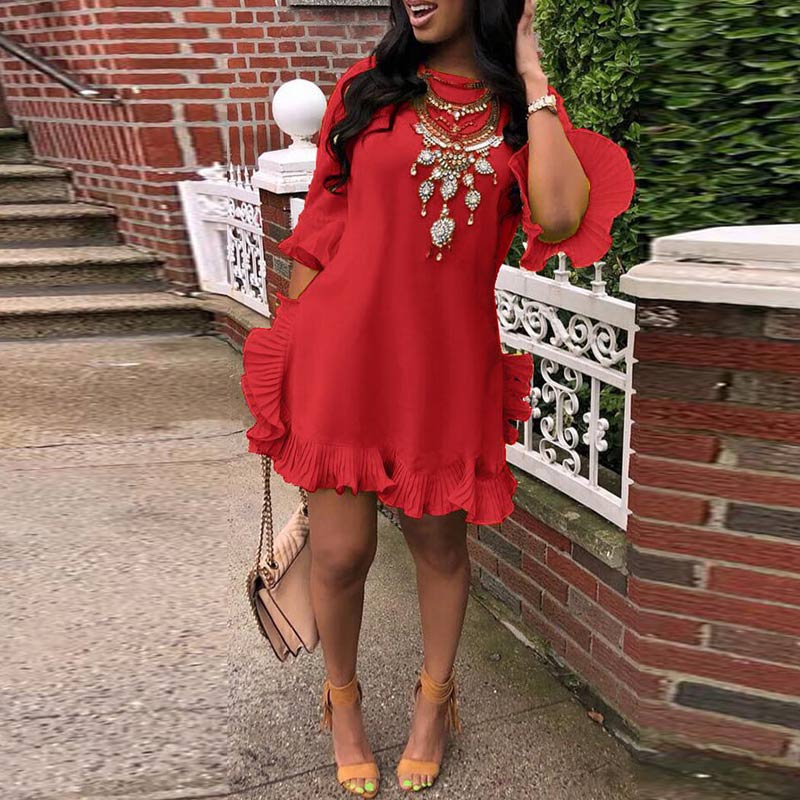 Solid Ruffle Design Mini Dress