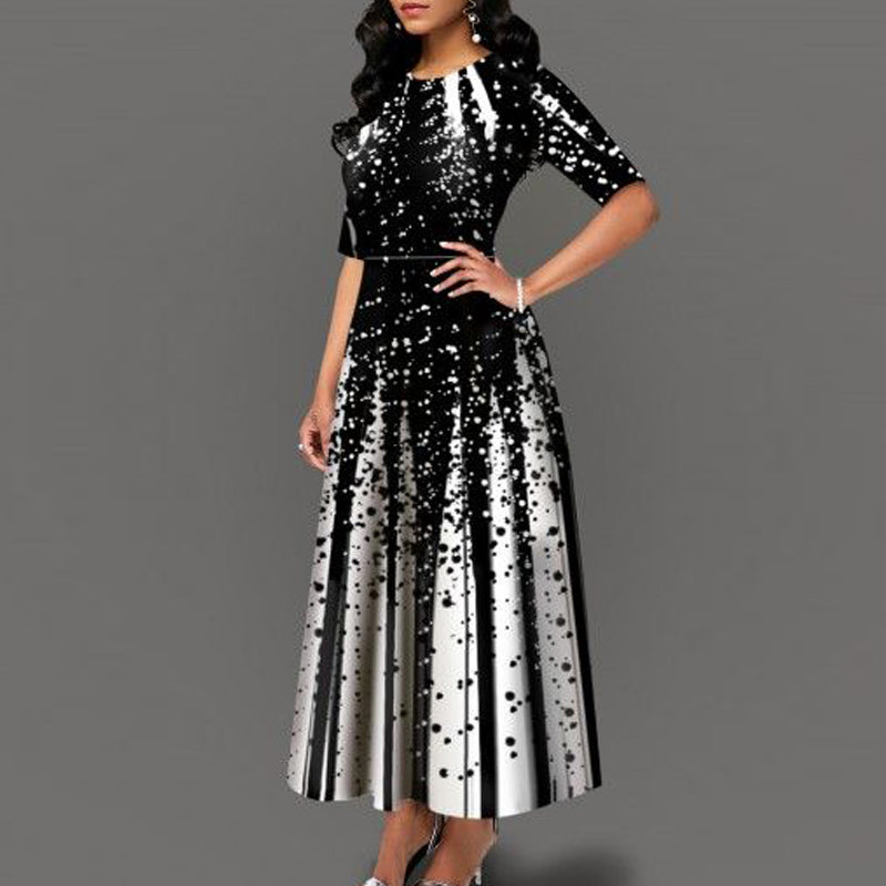Fashion Print Round Neck Half Sleeve Maxi Dress