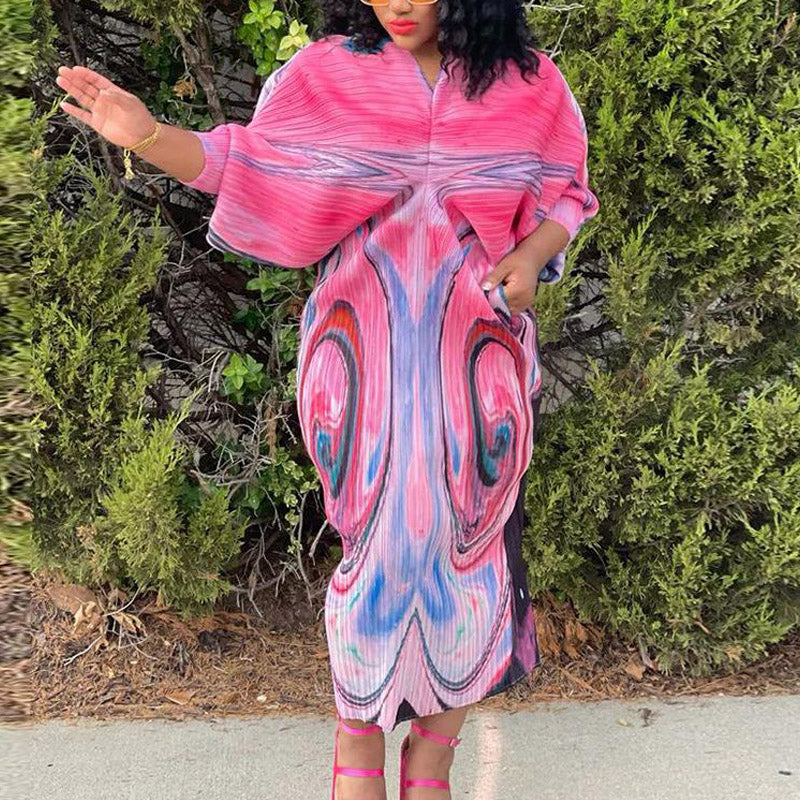 Colorful Print Batwing Sleeve Maxi Dress