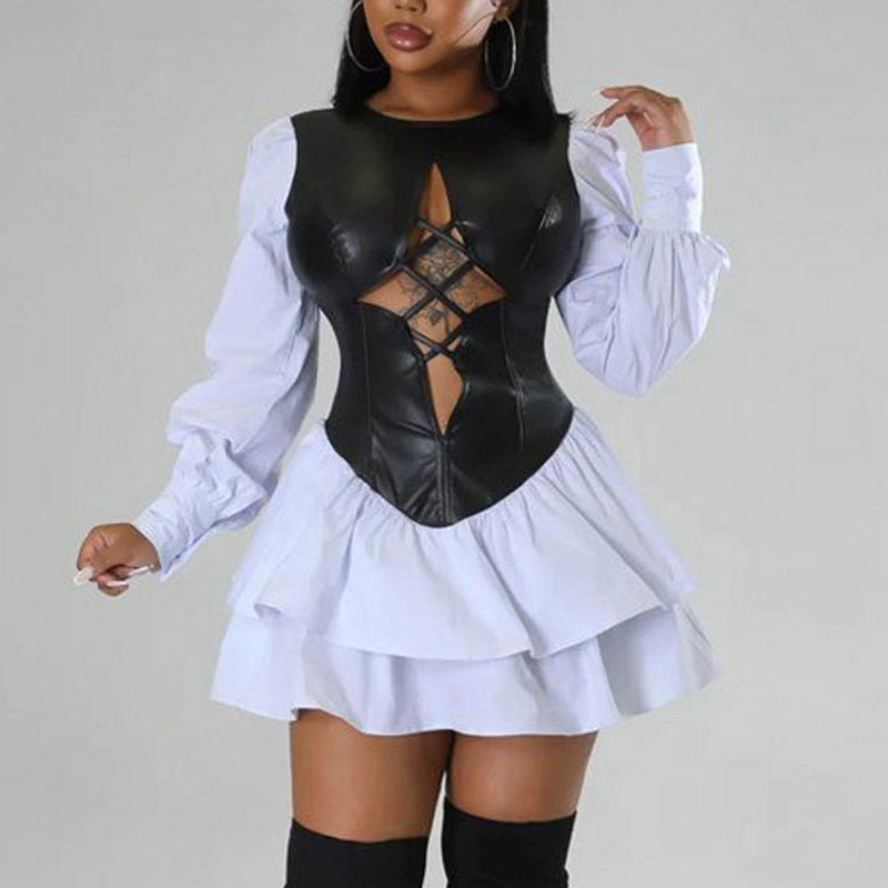 Colorblock PU Letaher Patchwork Hollow Out Ruffled Mini Dress