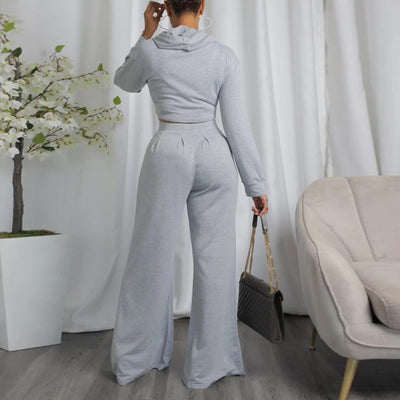 Solid Long Sleeve Irregular Hoodie Top & Wide Leg Pants Set