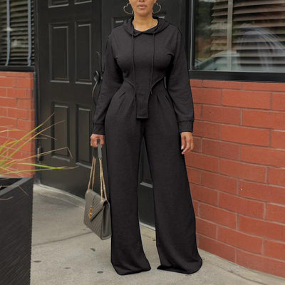 Solid Long Sleeve Irregular Hoodie Top & Wide Leg Pants Set