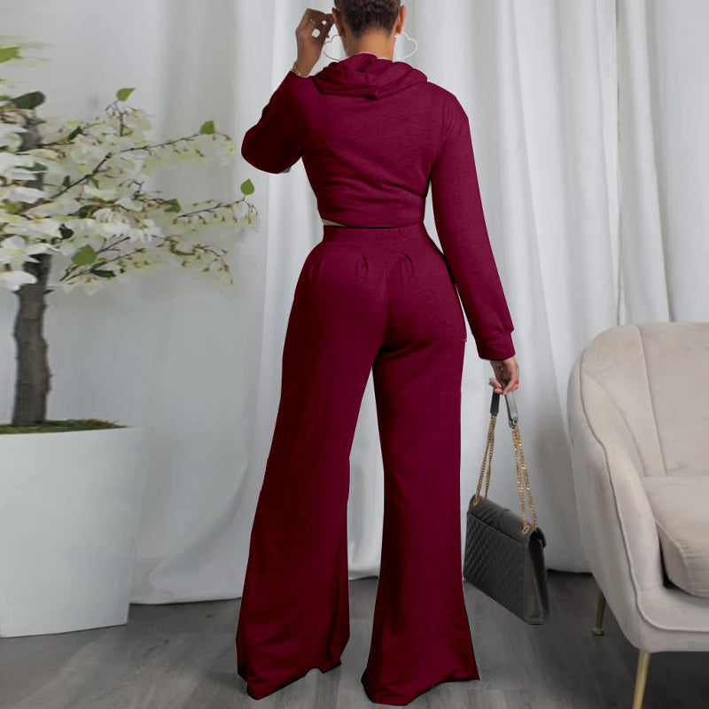 Solid Long Sleeve Irregular Hoodie Top & Wide Leg Pants Set