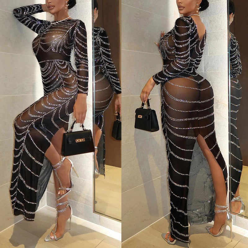 Rhinestone Long Sleeve Back Slit Sheer Mesh Maxi Dress