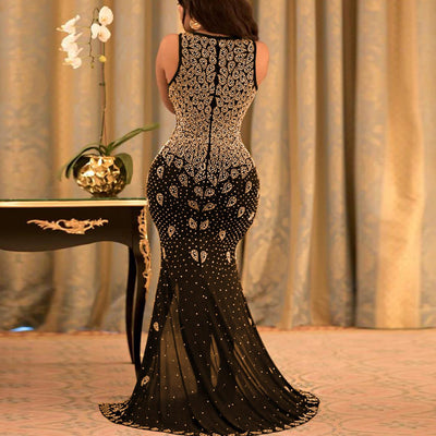 Rhinestone Deep V-Neck High Slit Maxi Party Dress