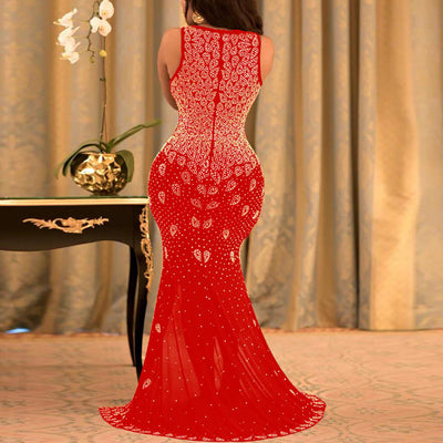 Rhinestone Deep V-Neck High Slit Maxi Party Dress