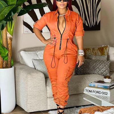 Solid Long Sleeve Zipper Design Jumpsuit