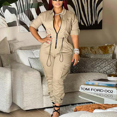 Solid Long Sleeve Zipper Design Jumpsuit