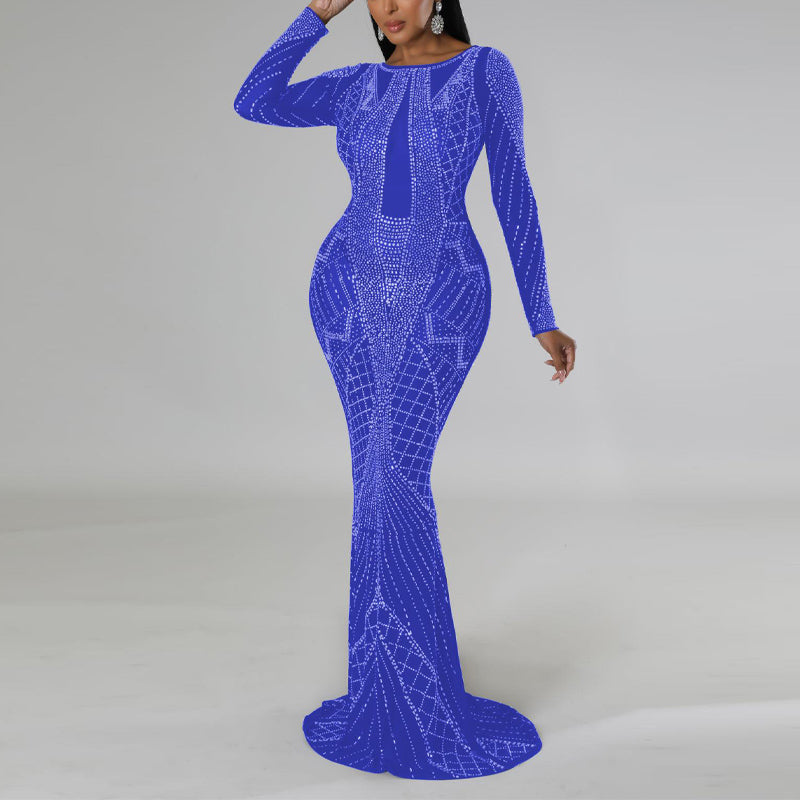 Rhinestone Long Sleeve Backless Maxi Dress