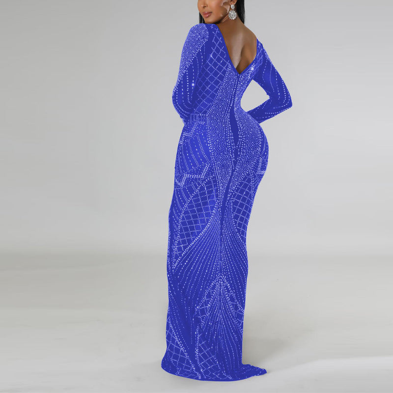 Rhinestone Long Sleeve Backless Maxi Dress
