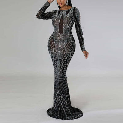 Rhinestone Long Sleeve Backless Maxi Dress
