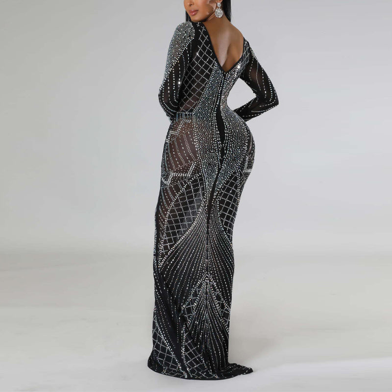 Rhinestone Long Sleeve Backless Maxi Dress