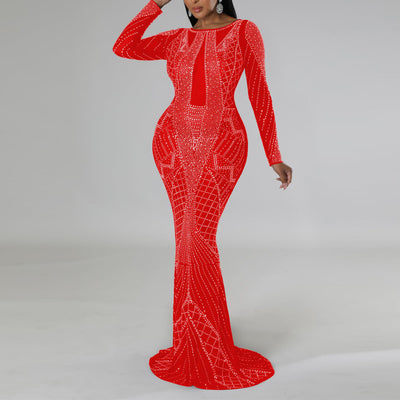 Rhinestone Long Sleeve Backless Maxi Dress