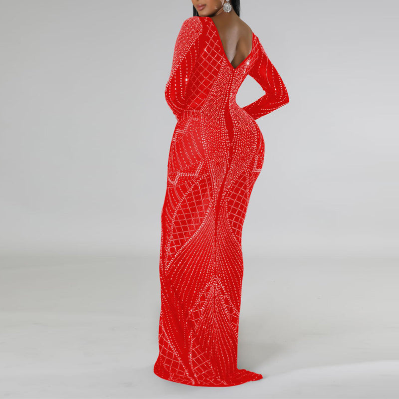 Rhinestone Long Sleeve Backless Maxi Dress