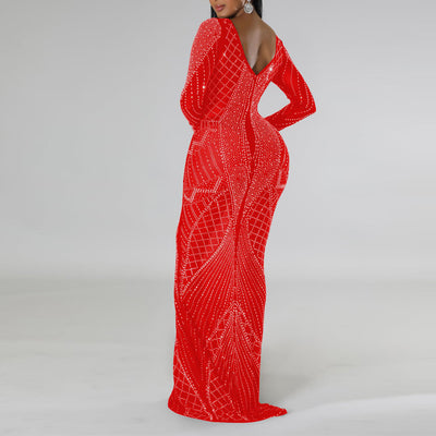 Rhinestone Long Sleeve Backless Maxi Dress