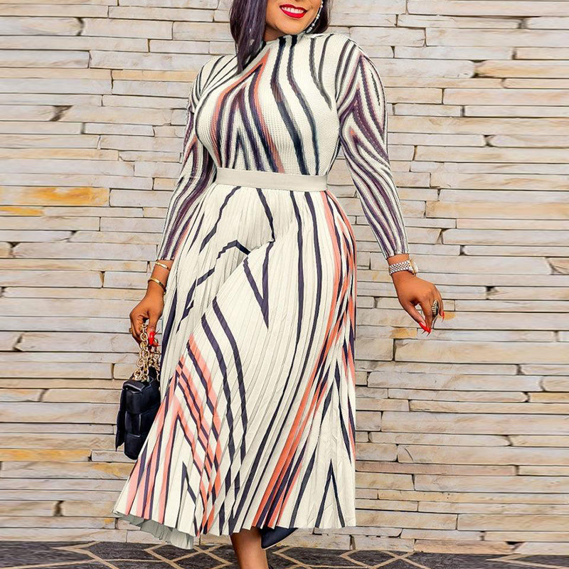 Striped Print Long Sleeve Maxi Dress