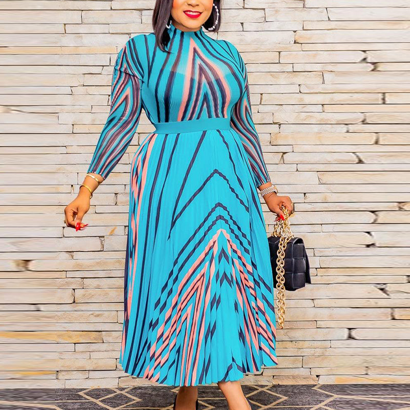 Striped Print Long Sleeve Maxi Dress