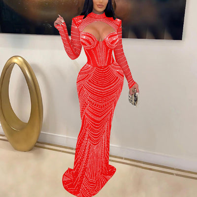 Rhinestone Long Sleeve Cut Out Sheer Mesh Maxi Dress