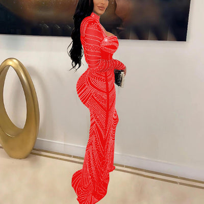 Rhinestone Long Sleeve Cut Out Sheer Mesh Maxi Dress