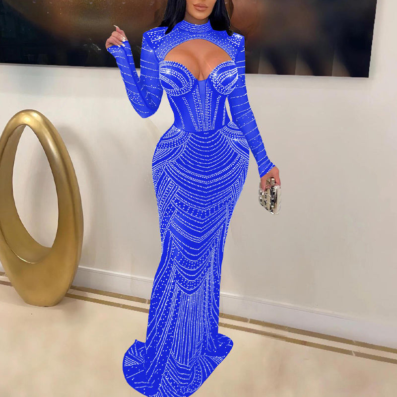 Rhinestone Long Sleeve Cut Out Sheer Mesh Maxi Dress