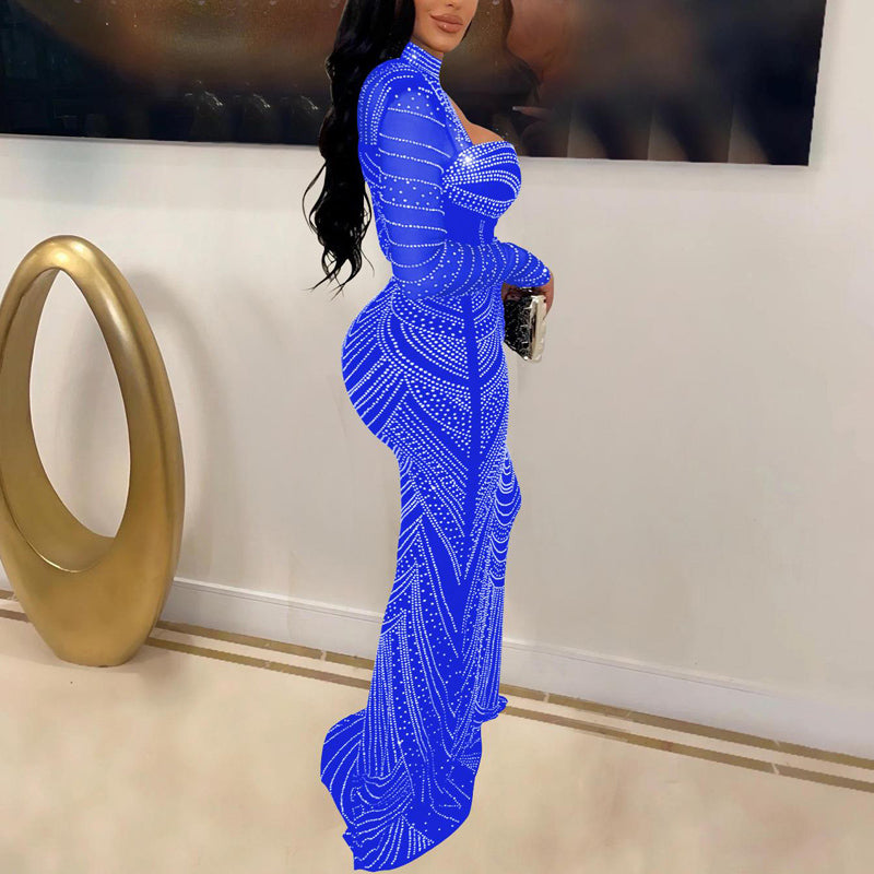 Rhinestone Long Sleeve Cut Out Sheer Mesh Maxi Dress
