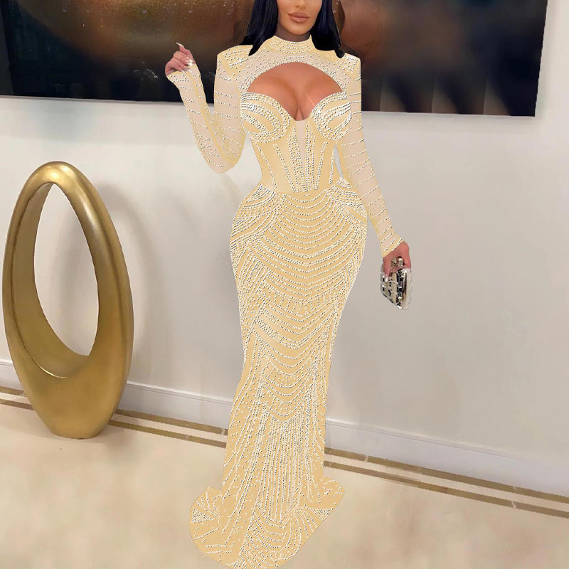 Rhinestone Long Sleeve Cut Out Sheer Mesh Maxi Dress