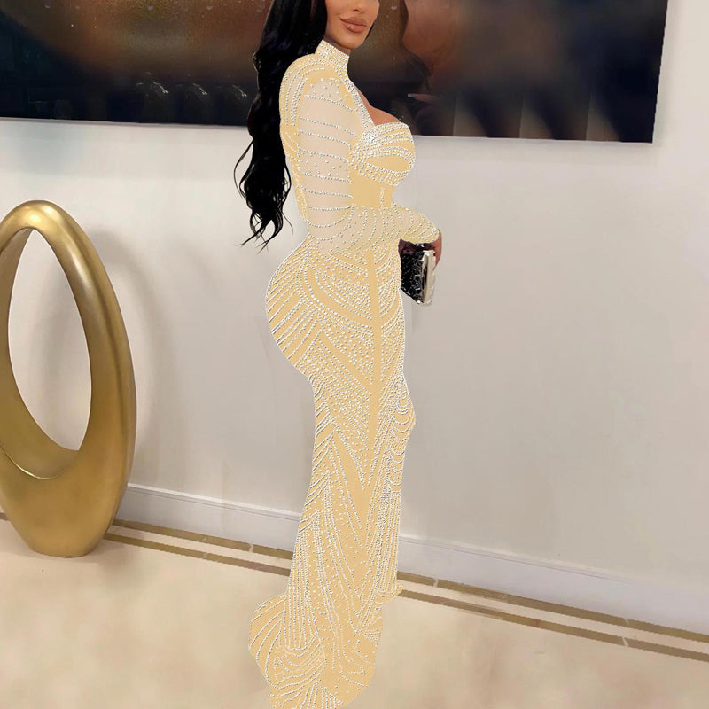 Rhinestone Long Sleeve Cut Out Sheer Mesh Maxi Dress