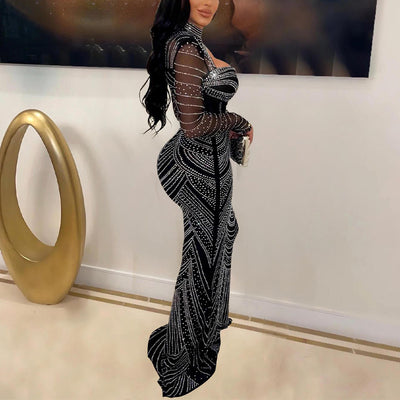 Rhinestone Long Sleeve Cut Out Sheer Mesh Maxi Dress