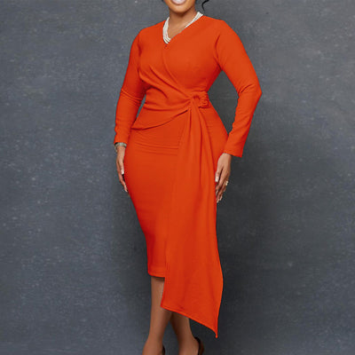 Solid V-Neck Knotted Bodycon Dress