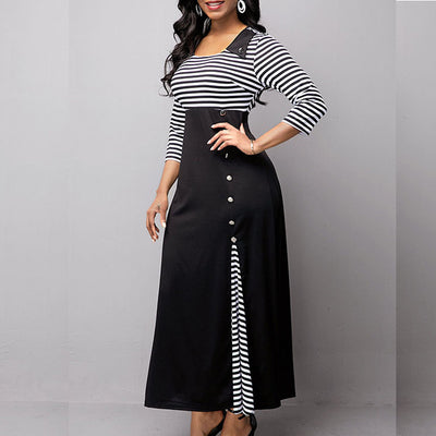 Round Neck Colorblock Button Detailed Irregular Long Dress