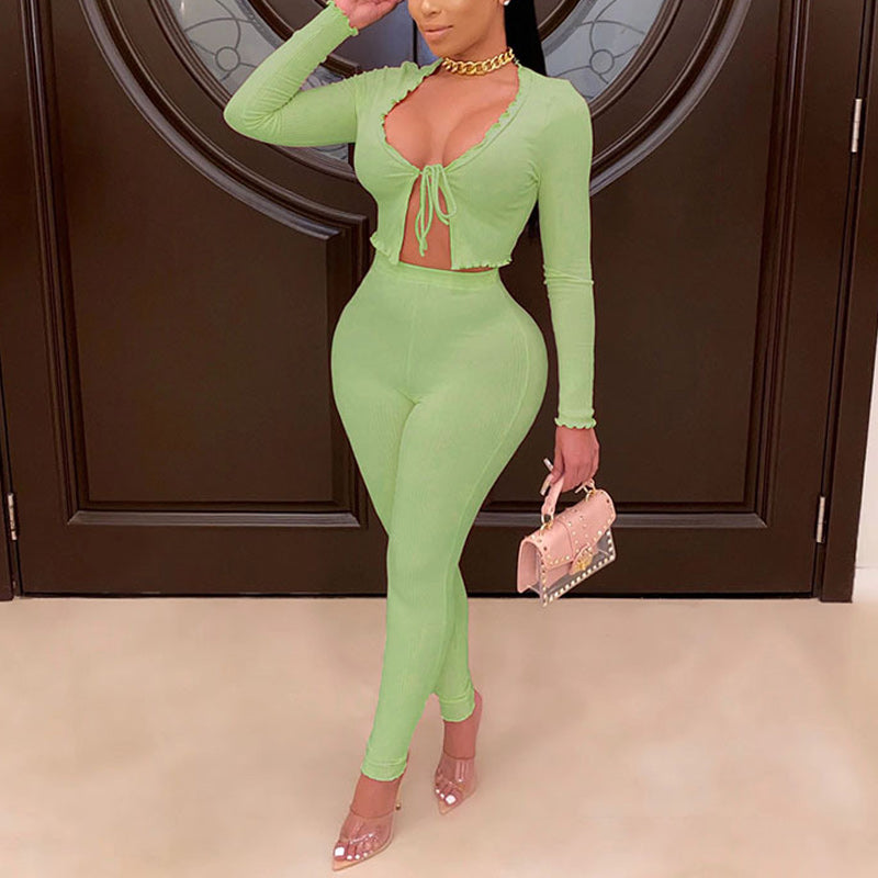 Solid Tied Long Sleeve Top & Pants Set